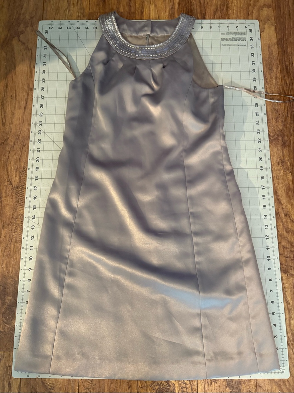 Ann Taylor LOFT Beaded Satin Sheath Dress Gray Taupe Sleeveless Size 8 Cocktail